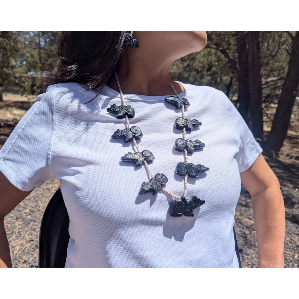 Exquisite Mike Tucson Zuni Bear Fetish Necklace Earrings Set Sterling Silver Jet